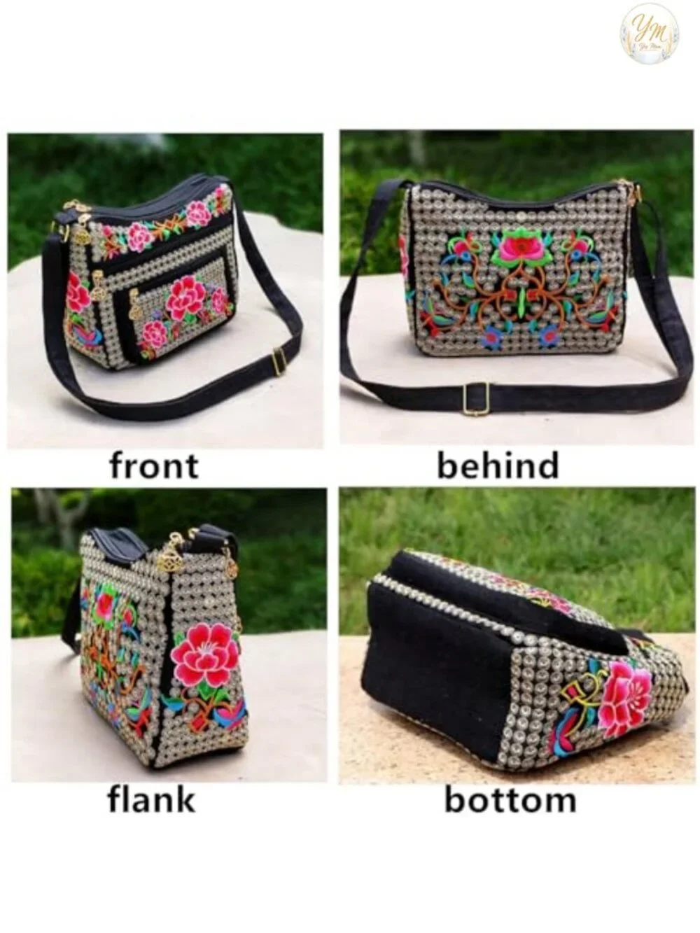 Canvas Embroidered Hobo Crossbody Bag, Adjustable Strap, Multipocket Purse